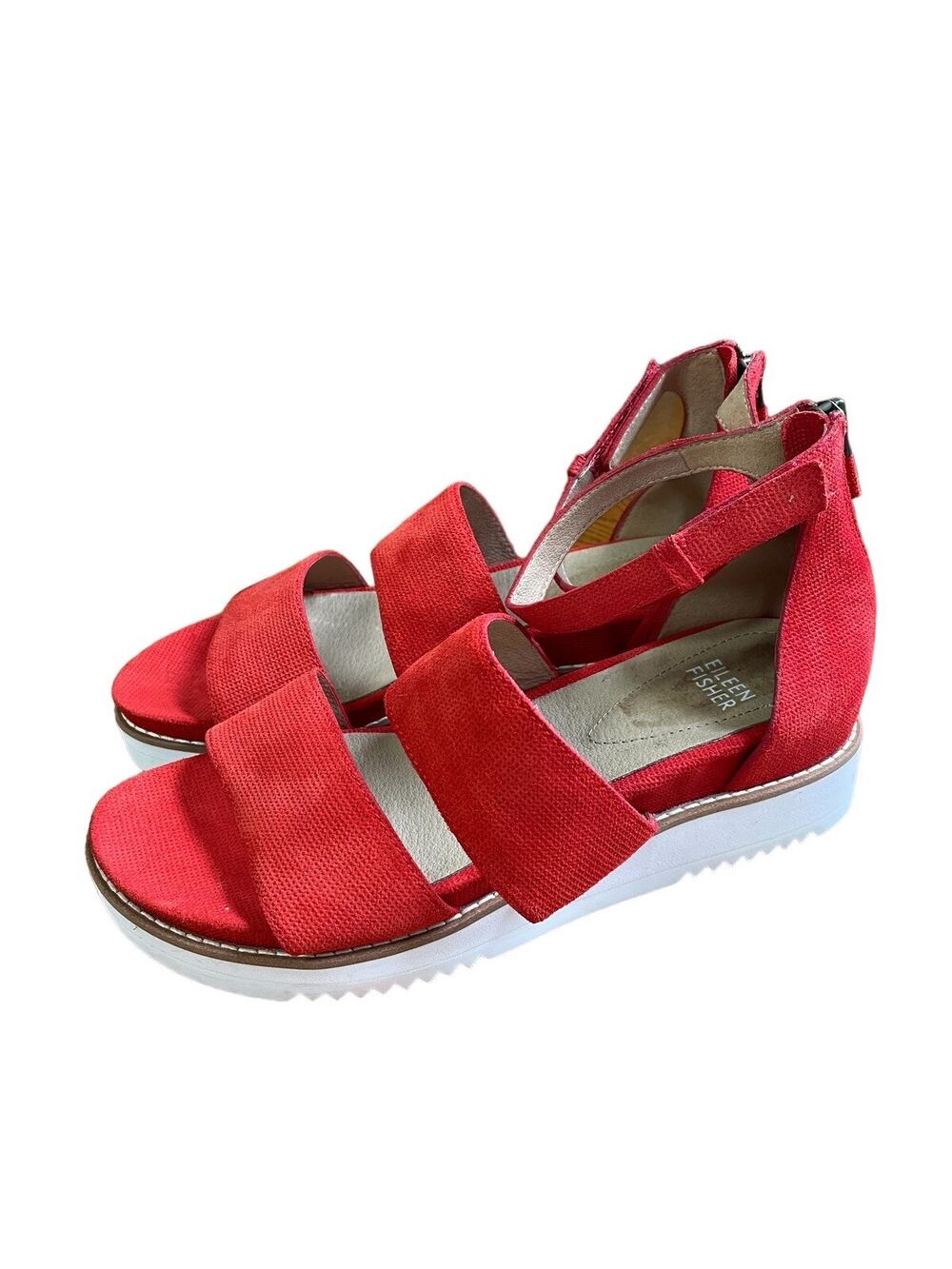 Eileen Fisher Red Keno Leather Strappy Sandals Ankle Straps Comfort Size 7